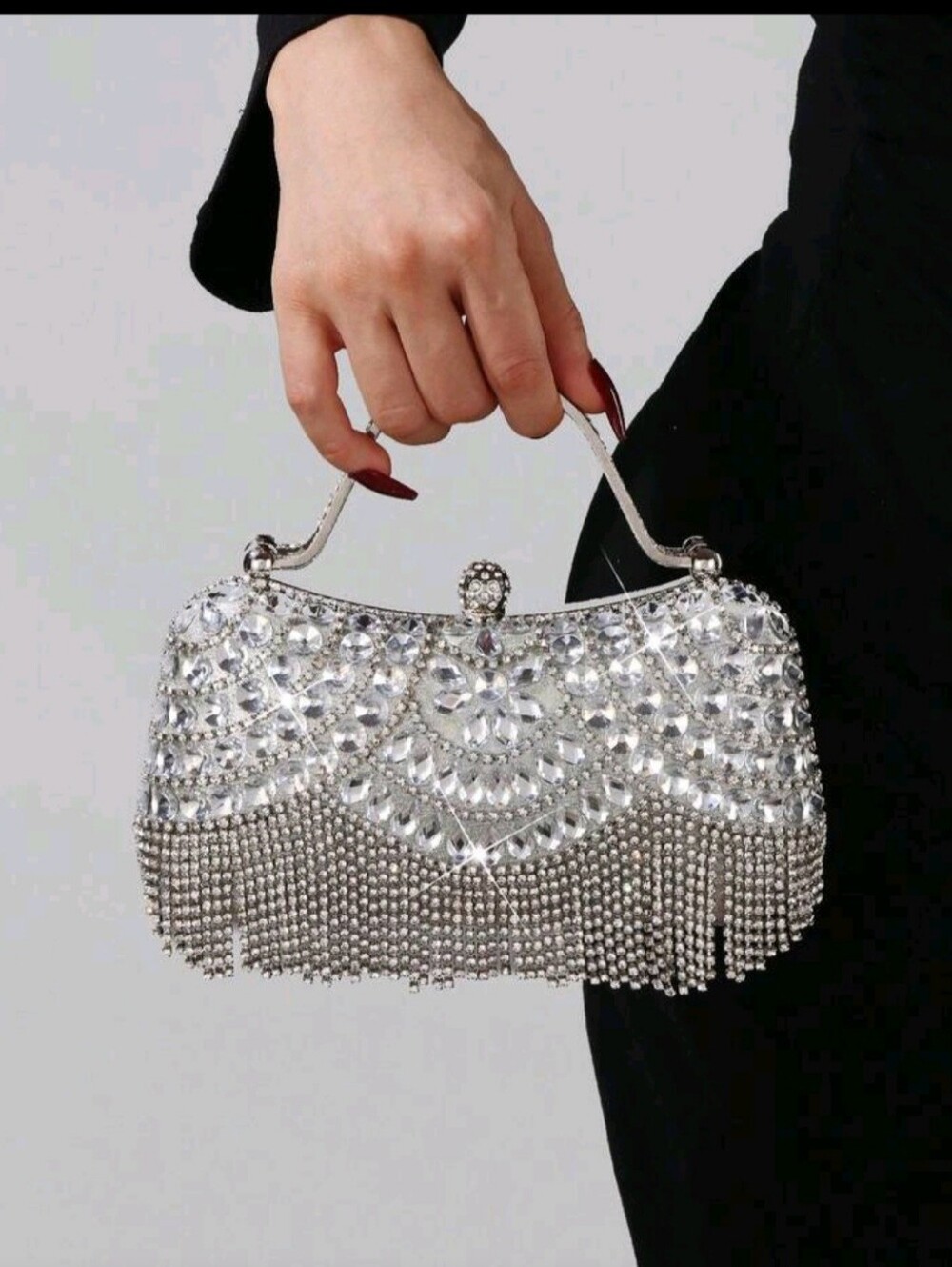 Crystal-Embellished Silver Evening Clutch with Top Handle